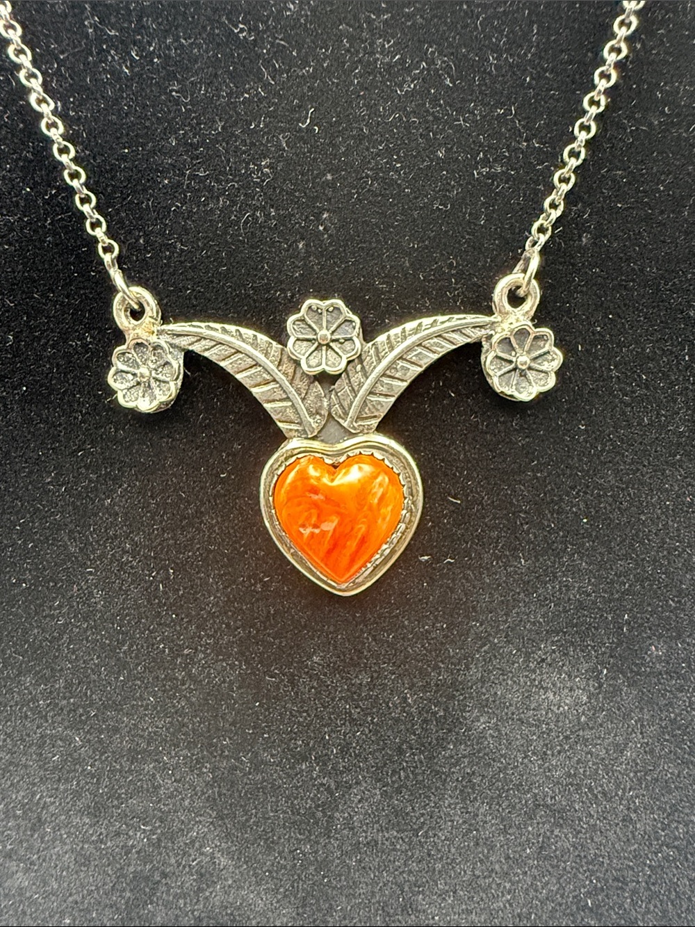 925 Sterling Silver Floral Orange Spiny Oyster Turquoise Heart Necklace 18-20”